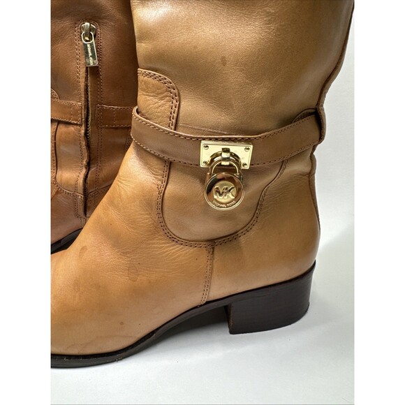 MICHAEL KORS sz 8 Camel Brown Leather Mid-Calf Leather Riding Boots MK charm - Picture 2 of 10